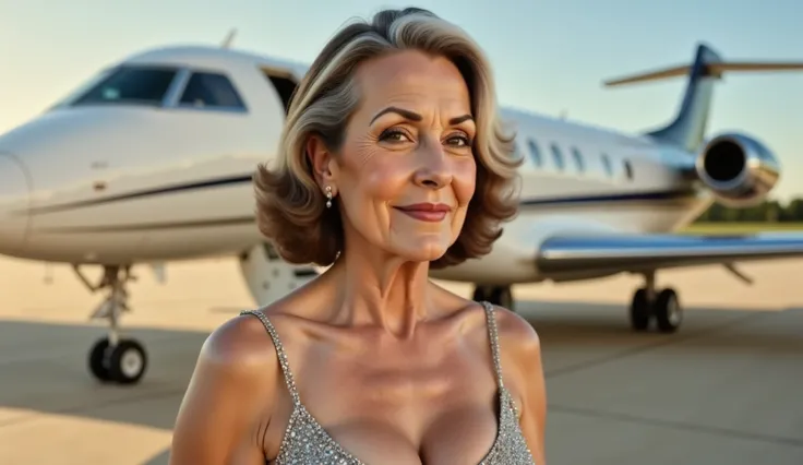 A confident woman in her 60s stands on the beach with a stunning ocean view behind her (full body shot). A wide shot of a glamorous woman in her 60s ascending the steps of her private jet, wearing a shimmering short evening dress. Her heels tap softly on e...