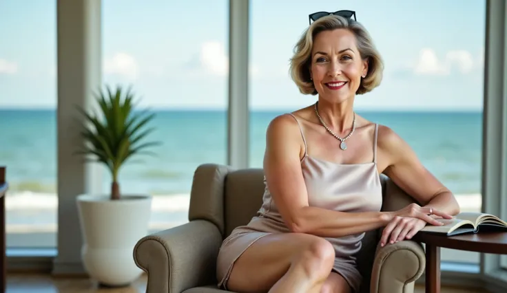 A confident woman in her 60s stands on the beach with a stunning ocean view behind her (full body shot). A wide shot of a poised woman in a short satin evening dress sitting on a plush airport lounge chair. She gently flips through a book, her legs crossed...