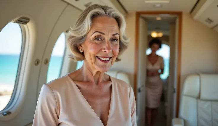 A confident woman in her 60s stands on the beach with a stunning ocean view behind her (full body shot). Inside the softly lit cabin, a stylish older woman glides confidently down the aisle, her satin dress shimmering slightly with each step. She smiles at...
