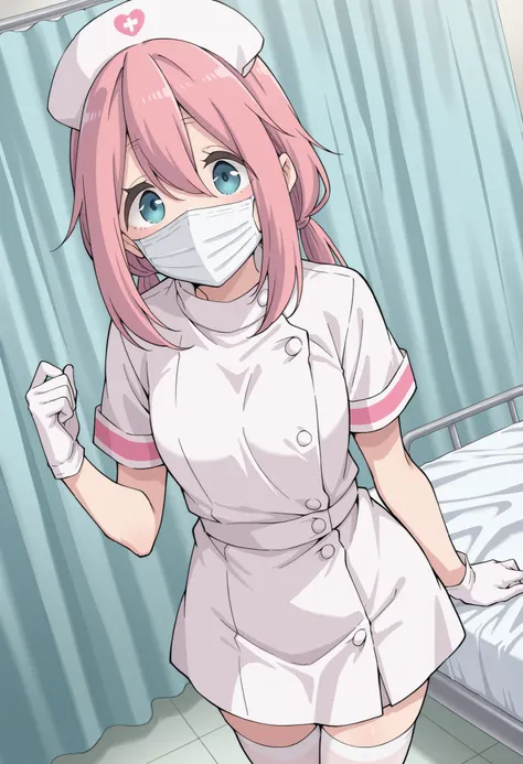 Score_9, score_8_up, score_7_up, source_anime, nadeshiko kagamihara, solo, low twintails, pink hair, blue eyes, (best quality), (high quality), {masterpiece}, extremely delicate and beautiful, ultra-detailed, beautiful detailed eyes, nurse, nurse hat, ((wh...