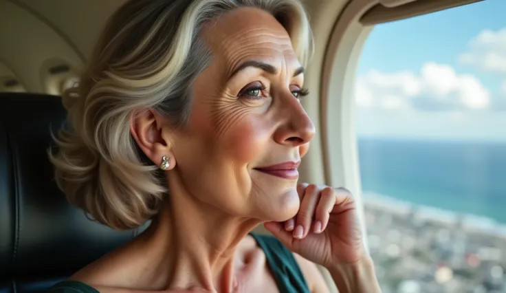 A confident woman in her 60s stands on the beach with a stunning ocean view behind her (full body shot). A wide shot of a woman seated by the airplane window, her chin gently resting on one hand as she gazes out at the drifting clouds and tiny city grids b...