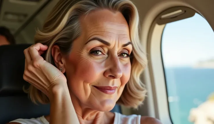 A confident woman in her 60s stands on the beach with a stunning ocean view behind her (full body shot). A close-up of a woman gently brushing her hair back as sunlight streams through the airplane window. Her face glows softly, eyes half-closed in calm, a...