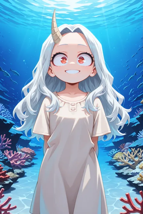 1 girl, solo, normal, smiling, looking at viewer,
Academia Eri, 
Eri, long hair, red eyes, white hair, horns, one horn,
(masterpiece, best quality, very high resolution), masterpiece, high resolution, perfect anatomy, anime style, anime screenshots, 8K wal...
