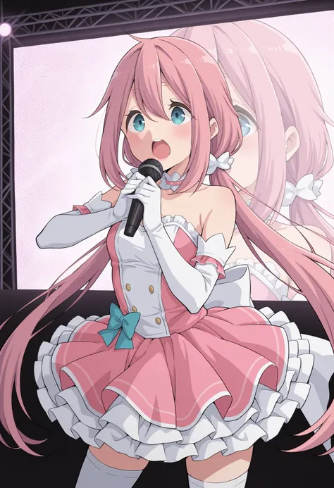 Score_9, score_8_up, score_7_up, source_anime, nadeshiko kagamihara, solo, low twintails, pink hair, blue eyes, (best quality), (high quality), {masterpiece}, extremely delicate and beautiful, ultra-detailed, beautiful detailed eyes, idol, idol costume, pi...