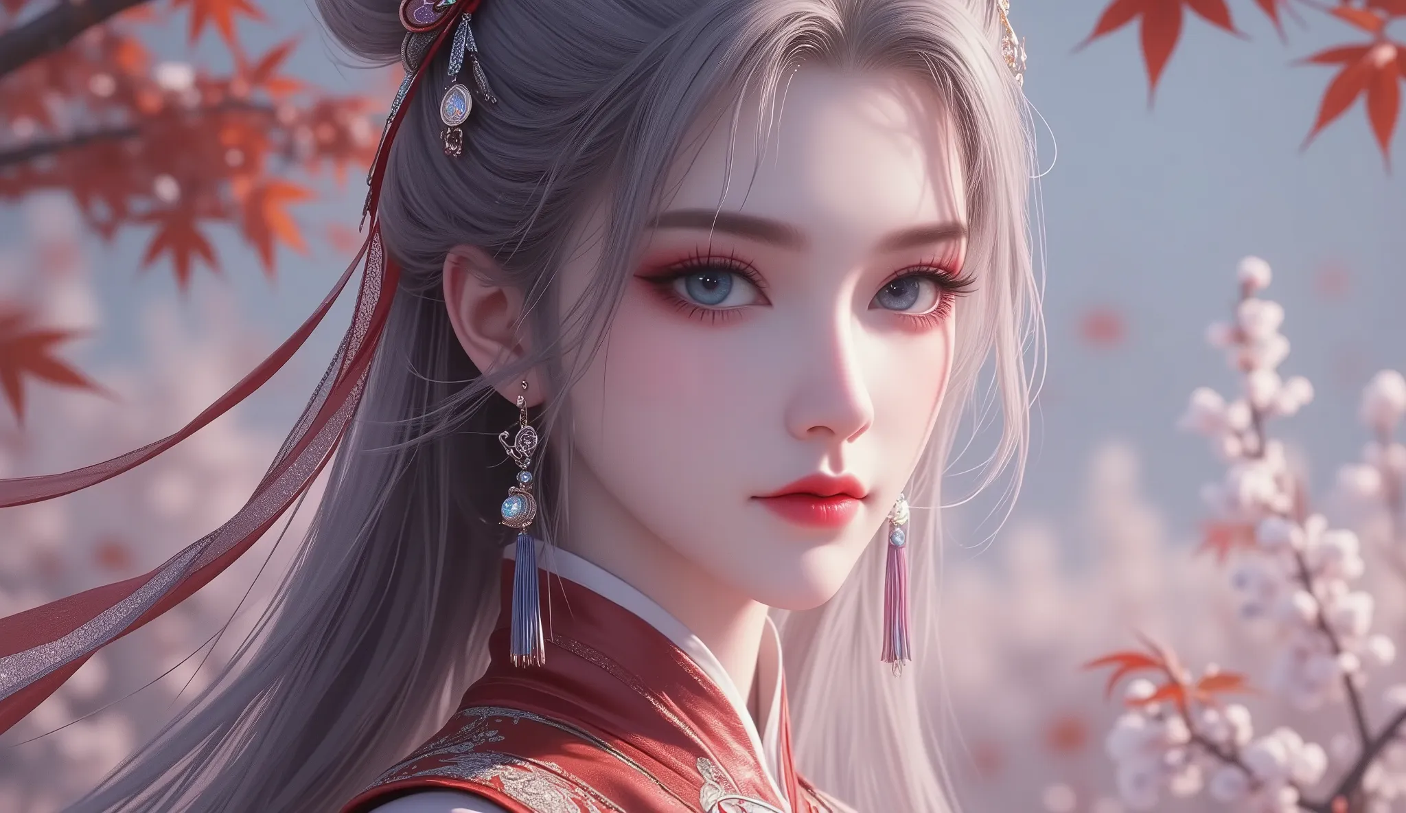 Chinese Fairy Tales character, extremely details, high detailed face, mature woman, cool beauty, living expressions, (cold gaze, cold eyes, aqua eyes), expressionless, (gray hair), highlight, high ponytail, shiny silky, Hime cut, long hair, tassel earrings...