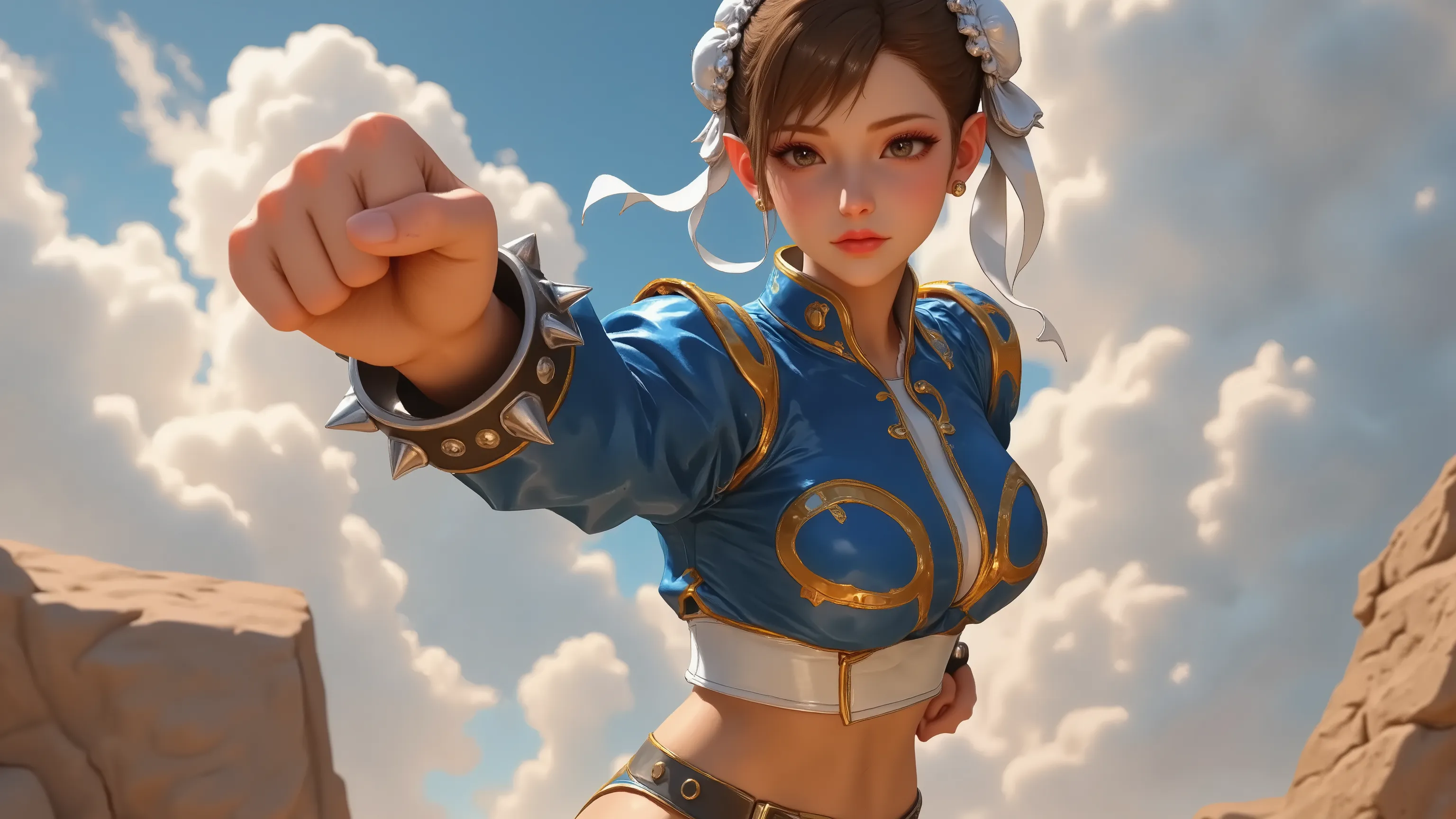 high resolution,Very detailed, Amazing quality ,masterpiece,is very beautiful,digital painting,春麗的 Attack 軌跡,looking out from the front of the audience,daytime,Sky,ruins,Dusk cloud,fighting, stands,clenched fist , Attack ,solo,front, Denim Shooter ,4K,8k,H...