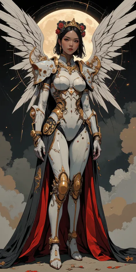 A insane detail dark-skinned korean goddess in an intricate pale skin-tight bodysuit with metal inserts. The costume is decorated with 24k gold moon patterns and decorative accessories that extend from off the shoulders and transform into beautiful huge...