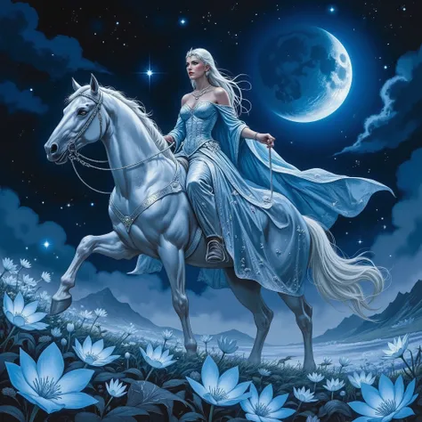(Masterpiece, ultra-detailed, celestial glow, divine beauty, moonlit ambiance, ethereal grace, dynamic lighting, cinematic fantasy).
Full-length portrait of a Moon Elf princess riding a majestic silver-maned steed under the moonlight. The horse’s metallic...