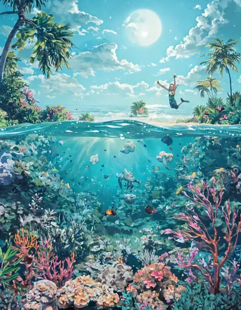 beautiful ocean like an award-winning work　 moon　Blue Sky　sandy beach with palm trees　　 moonの光でキラキラしている海　Coral is also beautiful underwater　tropical fish　Shadow of the Mermaid 　sky and water surface　Can be seen underwater
Deremo is drawn in, Sakuhin　Happy ...