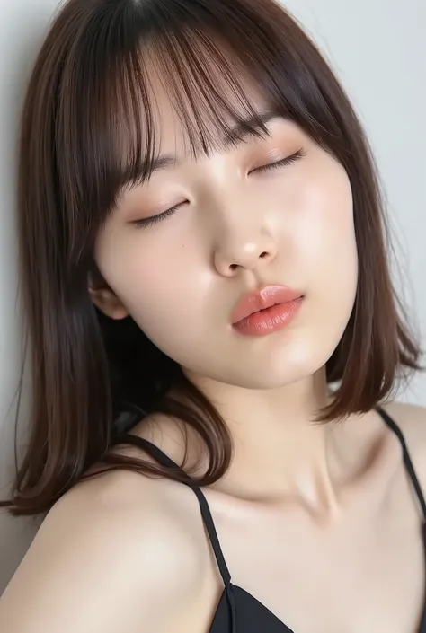 ultra-detailed close-up of a beautiful girl, collarbone-up composition, white studio background, soft natural lighting, slightly elevated front camera angle (around 35-60 degrees), full face and head visible in frame, chin gently lifted as if reaching up, ...