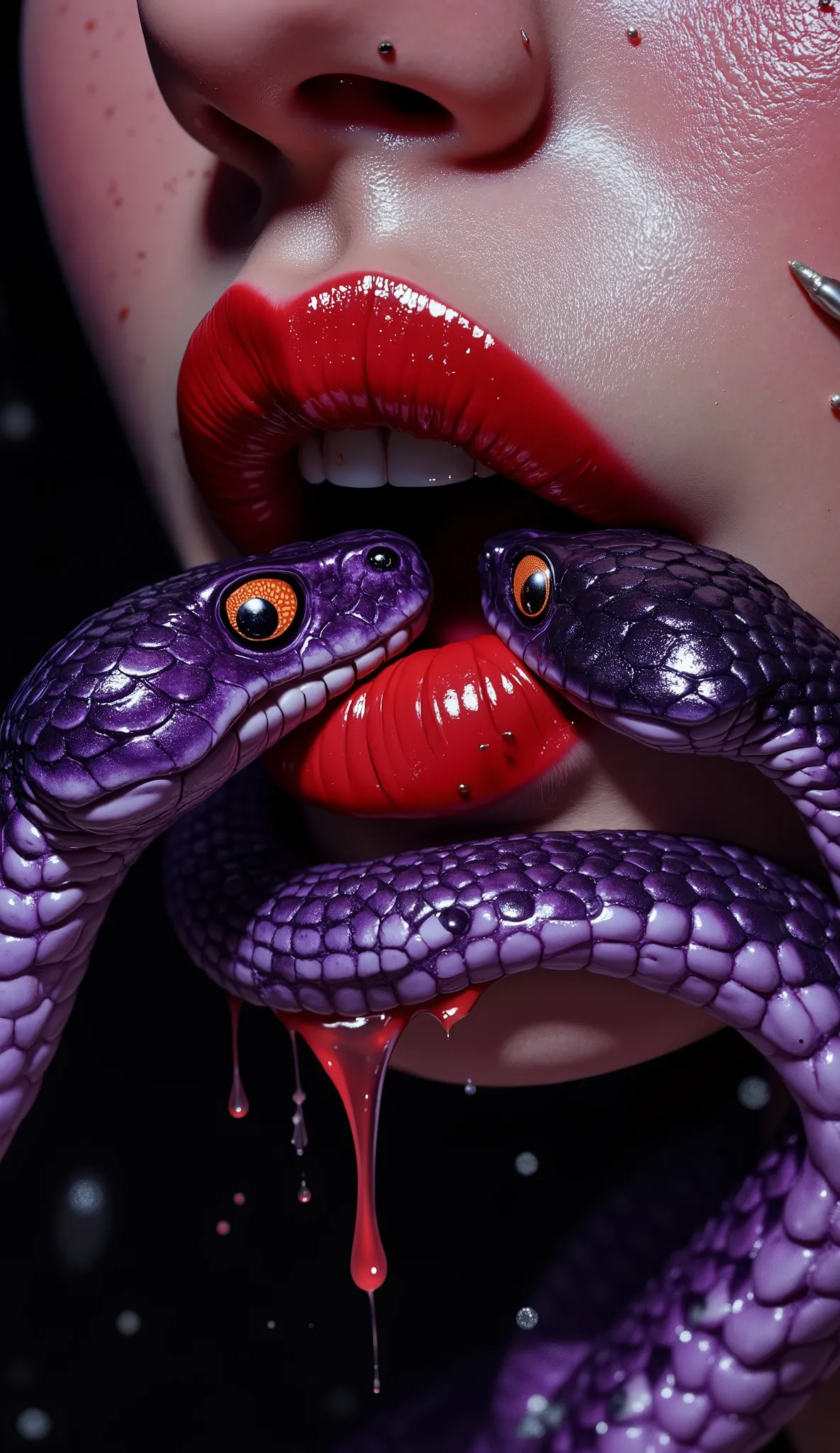 A hyper-realistic, high-detail close-up digital painting of a woman's mouth, shot from a slightly low angle. Her lips are parted and glossy red, sensually lit with dramatic shadows. Instead of a tongue, two purple-scaled snakes emerge from within her mouth...