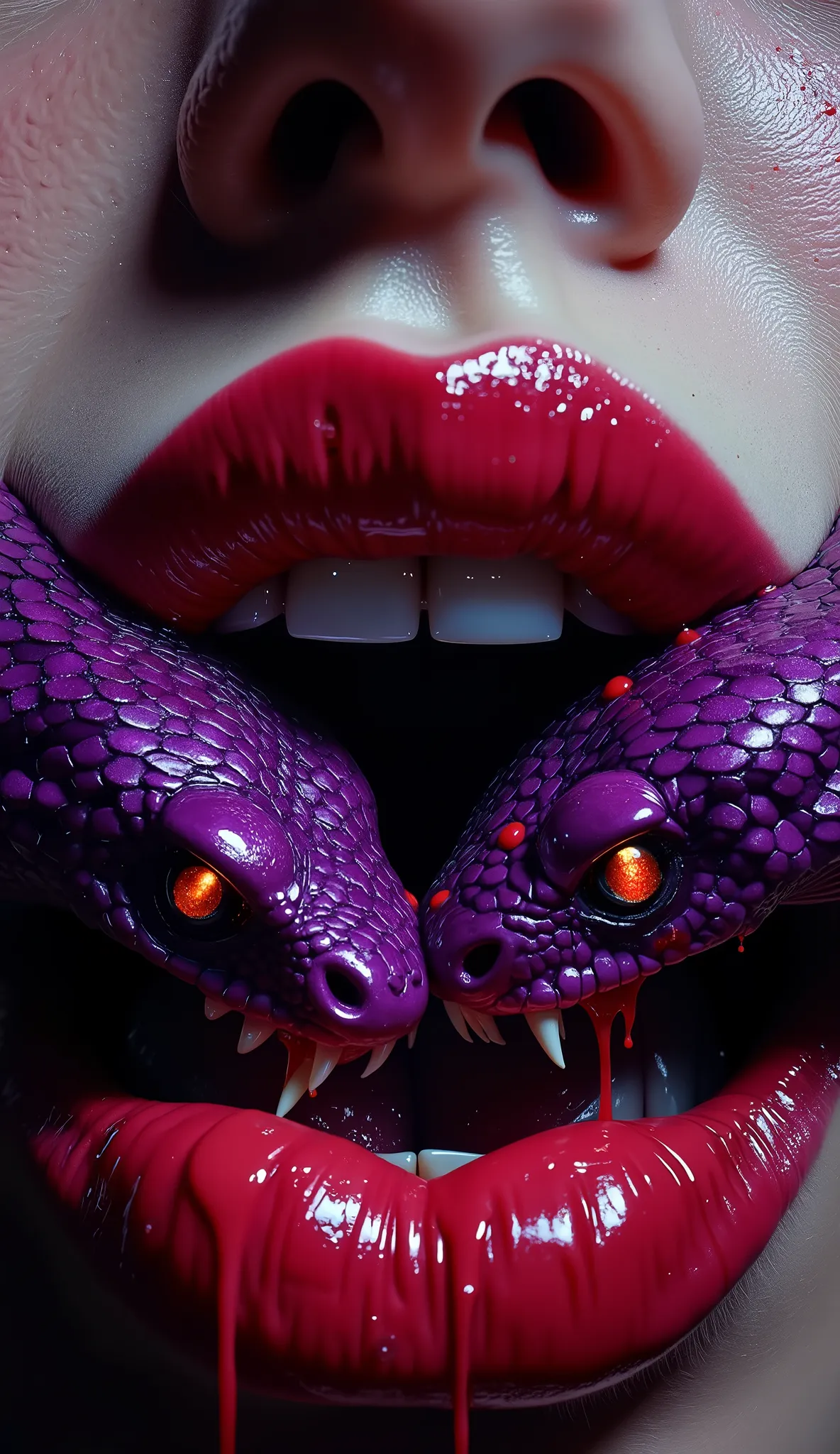 A hyper-realistic, high-detail close-up digital painting of a woman's mouth, shot from a slightly low angle. Her lips are parted and glossy red, sensually lit with dramatic shadows. Instead of a tongue, two purple-scaled snakes emerge from within her mouth...