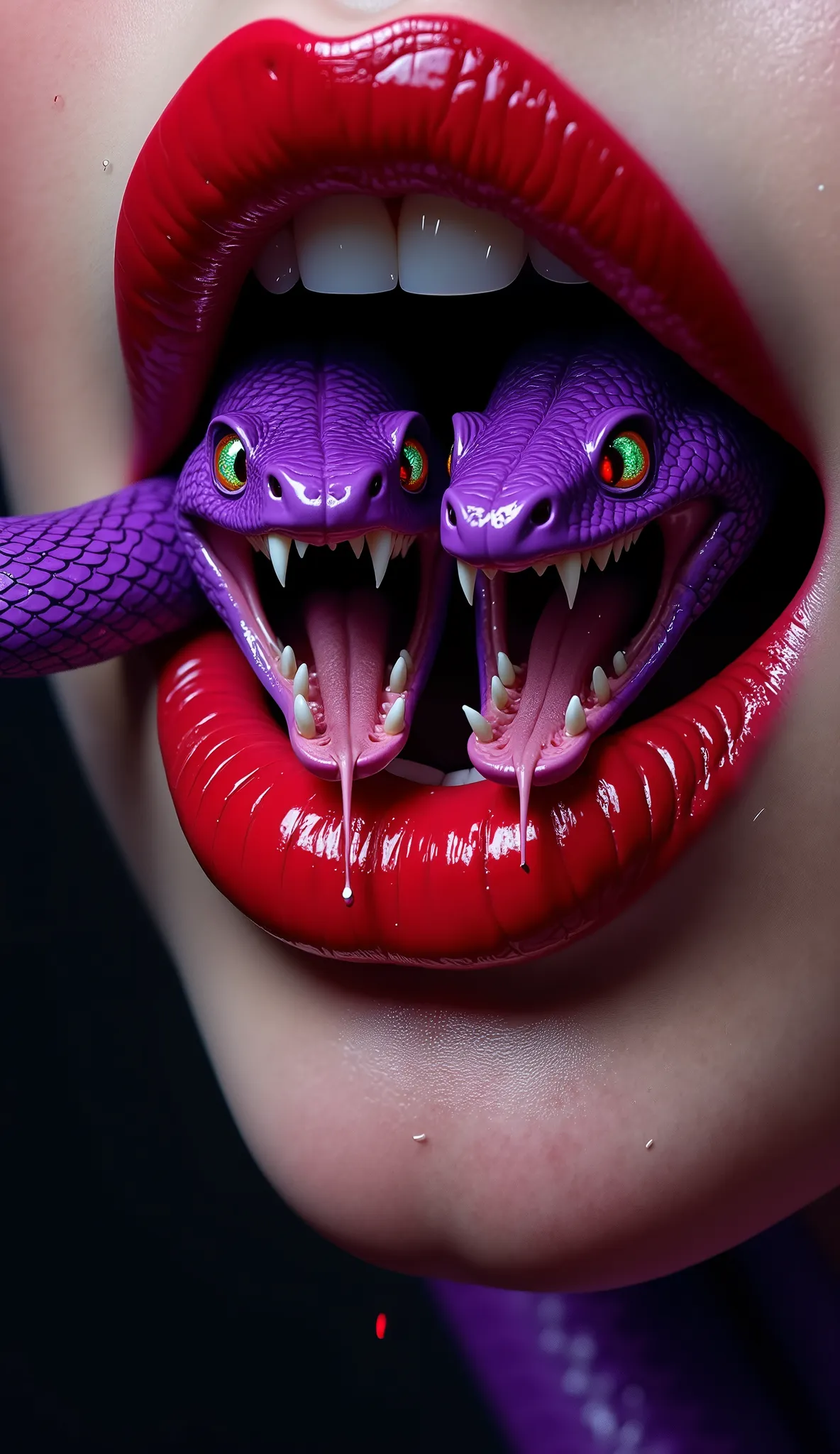 A hyper-realistic, high-detail close-up digital painting of a woman's mouth, shot from a slightly low angle. Her lips are parted and glossy red, sensually lit with dramatic shadows. Instead of a tongue, two purple-scaled snakes emerge from within her mouth...