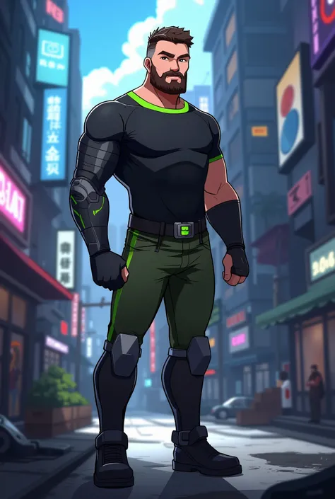A full body stunning 2d western cartoon style of a male character inspired by Ben Tennyson in an alternate universe, 37 years old, tall, thick, and muscular build. He has a robotic arm, full beard look. He wears a custom skintight superhero outfit: a round...
