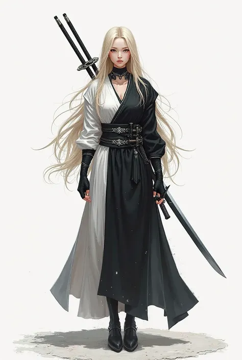 long blonde hair, the two swords on the back and black and white clothes showing balance 