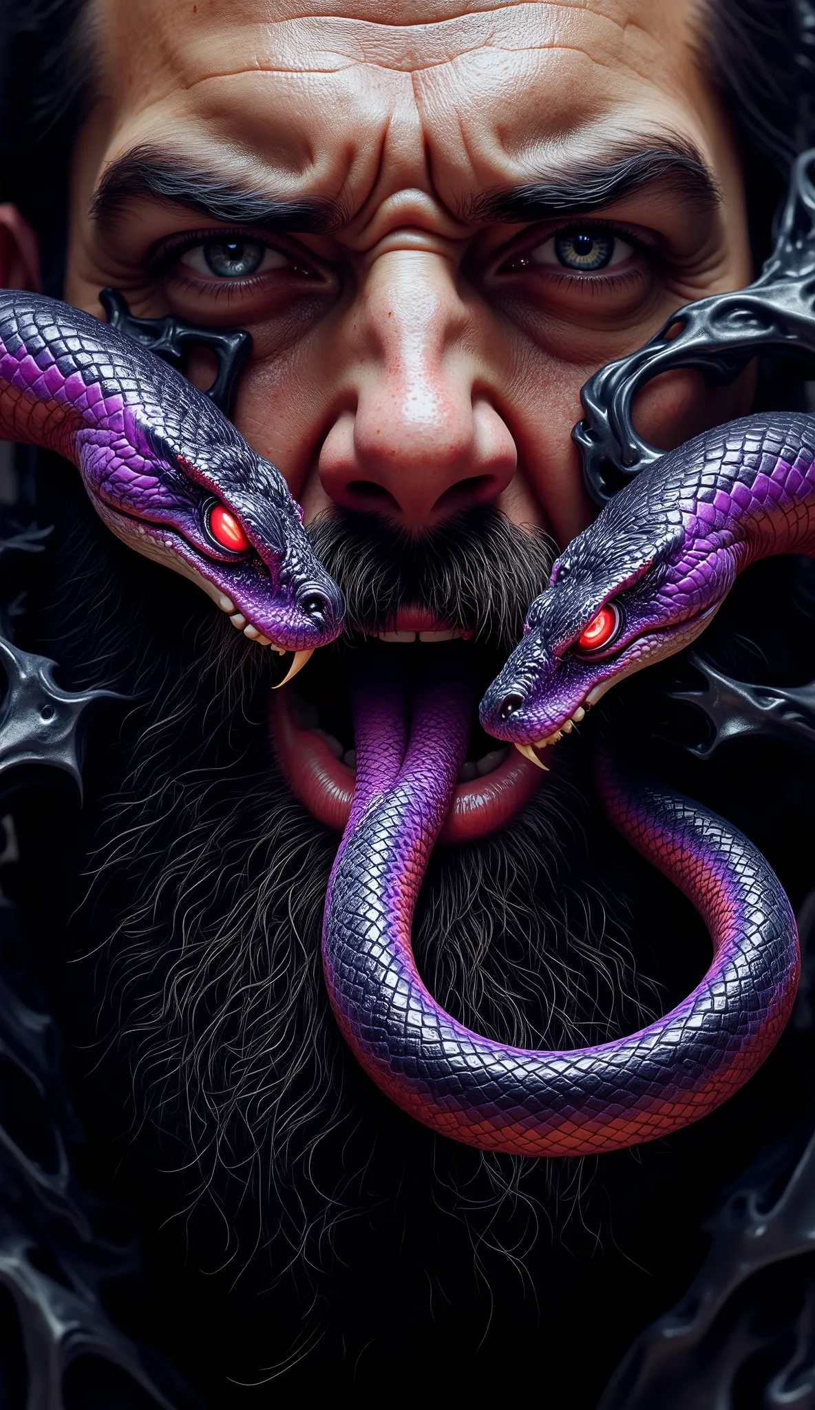 A hyper-realistic, high-detail close-up digital painting of a bearded man's mouth, viewed from a slightly low angle. He has a rugged, thick black beard framing his natural lips — unpainted, dry, and slightly cracked, with realistic skin texture. From betwe...