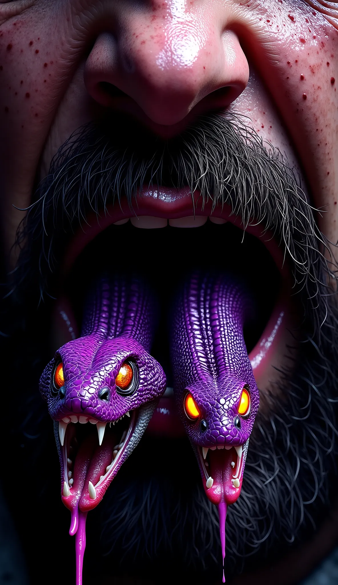 A hyper-realistic, high-detail close-up digital painting of a bearded man's mouth, viewed from a slightly low angle. He has a rugged, thick black beard framing his natural lips — unpainted, dry, and slightly cracked, with realistic skin texture. From betwe...