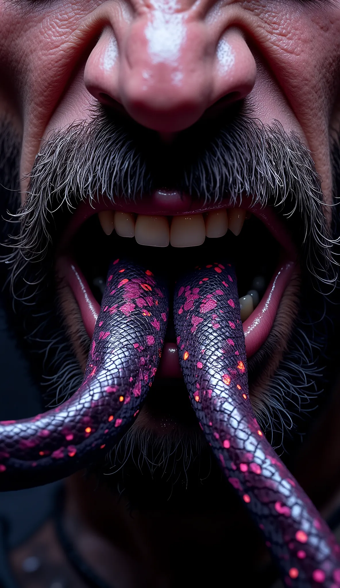 A hyper-realistic, high-detail close-up digital painting of a bearded man's mouth, viewed from a slightly low angle. He has a rugged, thick black beard framing his natural lips — unpainted, dry, and slightly cracked, with realistic skin texture. From betwe...