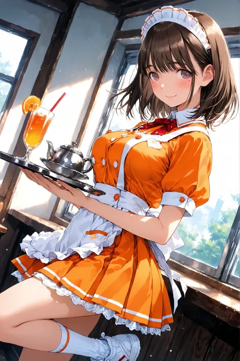 masterpiece, best quality,1girl,anegasaki nene,love plus,safe,loplnean, brown hair, short hair, mole under eye, brown eyes,Anime girl with big breasts posing in front of the window, waitress, orange uniform,white socks,white sneakers,shy smile, female focu...