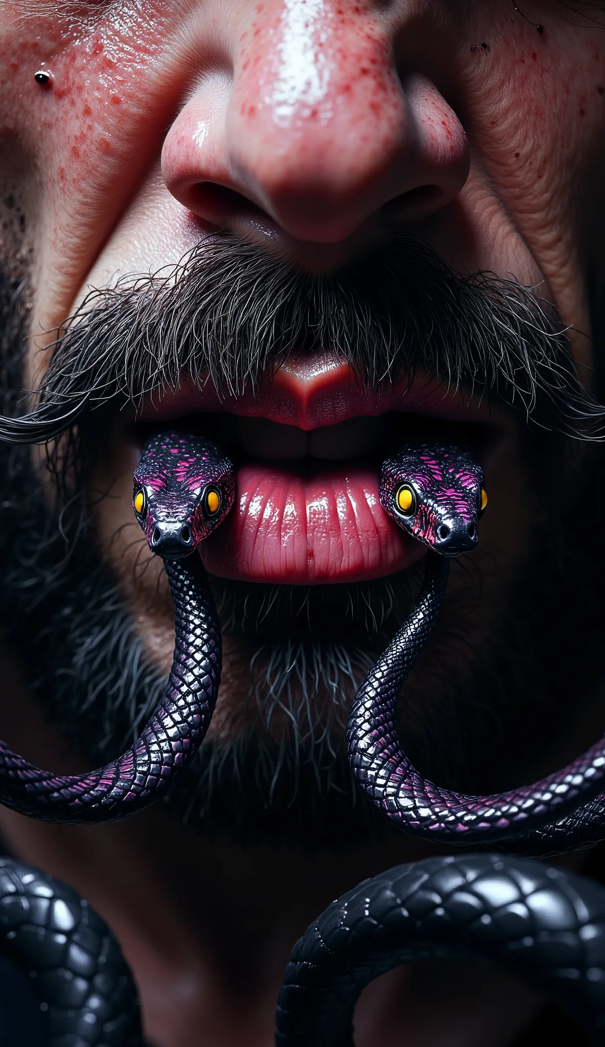 A hyper-realistic, high-detail close-up digital painting of a bearded man's mouth, viewed from a slightly low angle. He has a rugged, thick black beard framing his natural lips — unpainted, dry, and slightly cracked, with realistic skin texture. From betwe...