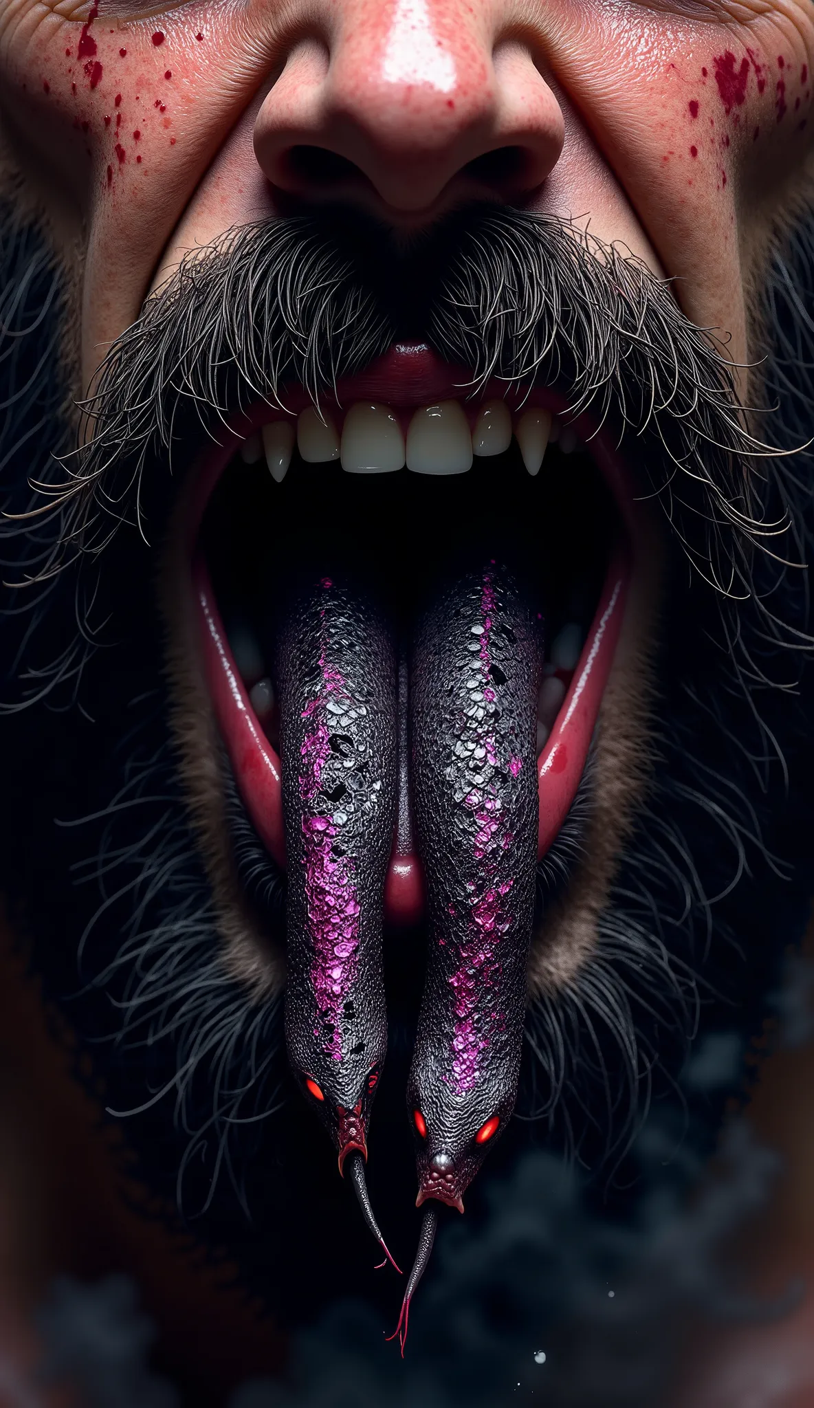A hyper-realistic, high-detail close-up digital painting of a bearded man's mouth, viewed from a slightly low angle. He has a rugged, thick black beard framing his natural lips — unpainted, dry, and slightly cracked, with realistic skin texture. From betwe...
