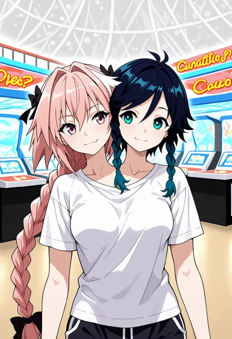 conjoined, 2girls, 2heads, two heads, a tall thin girl with 2 heads, venti, gradient hair, dark blue hair, green hair, twin braids, green eyes, astolfo, long hair, pink eyes, hair ribbon, pink hair, braid, ahoge, white hair, male focus, multicolored hair, ...