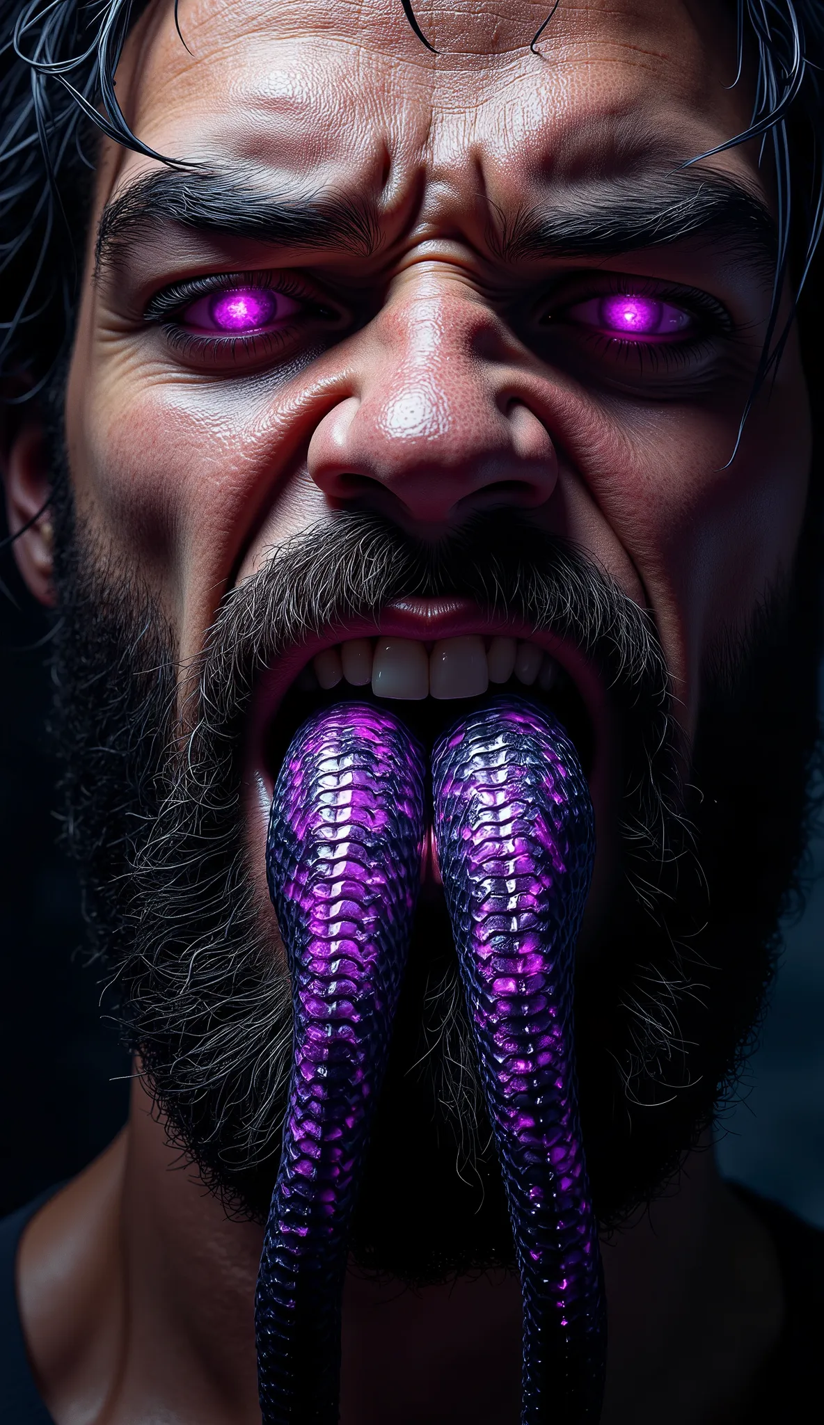 A hyper-realistic, high-detail close-up digital painting of a bearded man's mouth, viewed from a slightly low angle. He has a rugged, thick black beard framing his natural lips — unpainted, dry, and slightly cracked, with realistic skin texture. From betwe...