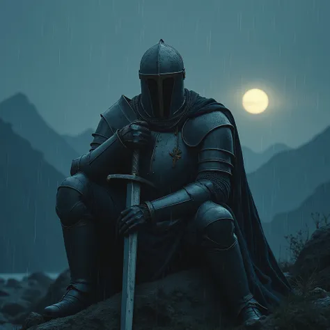 The knight is covered in armor shining from the light of the moon. sits on a rock, legs are spread apart, and his elbows on his knees, only the right hand is holding on to the handle of the sword, which is stuck into the ground with the blade down. , cover...