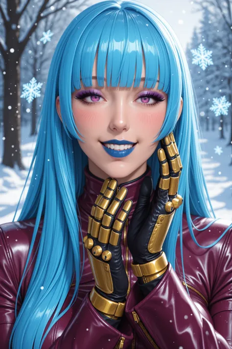 masterpiece, best quality, absurdres, newest, very aesthetic, amazing quality,highres, solo, Kula Diamond \(king of fighters\), blue hair, hime cut, purple eyes, gloves, (1girl), (detailed face:1.2), (detailed eyes:1.3), black eyeliner,purple eyeshadow, bl...