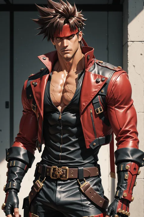 masterpiece, best quality, absurdres, newest, very aesthetic, amazing quality,highres, 1boy, male, Sol Badguy, brown hair, gold eyes, black vest, red jacket, belt, headband,ultra-detailed, intricate details 