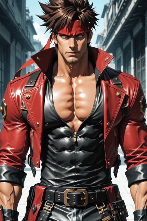 masterpiece, best quality, absurdres, newest, very aesthetic, amazing quality,highres, 1boy, male, Sol Badguy, brown hair, gold eyes, black vest, red jacket, belt, headband,ultra-detailed, intricate details 
