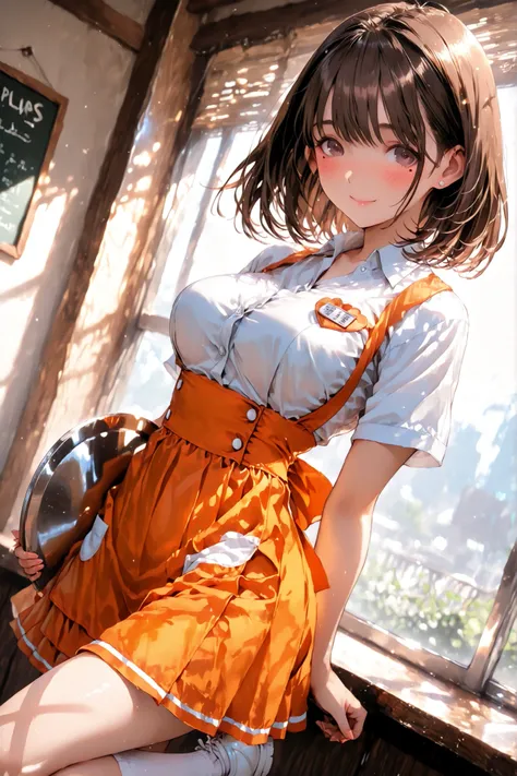 masterpiece, best quality,1girl,solo,anegasaki nene,love plus,safe,loplnean, brown hair, short hair, mole under eye, brown eyes,Anime girl with big breasts posing in front of the window, waitress, white shirt ,orange uniform,orange skirt,
collared shirt, ...
