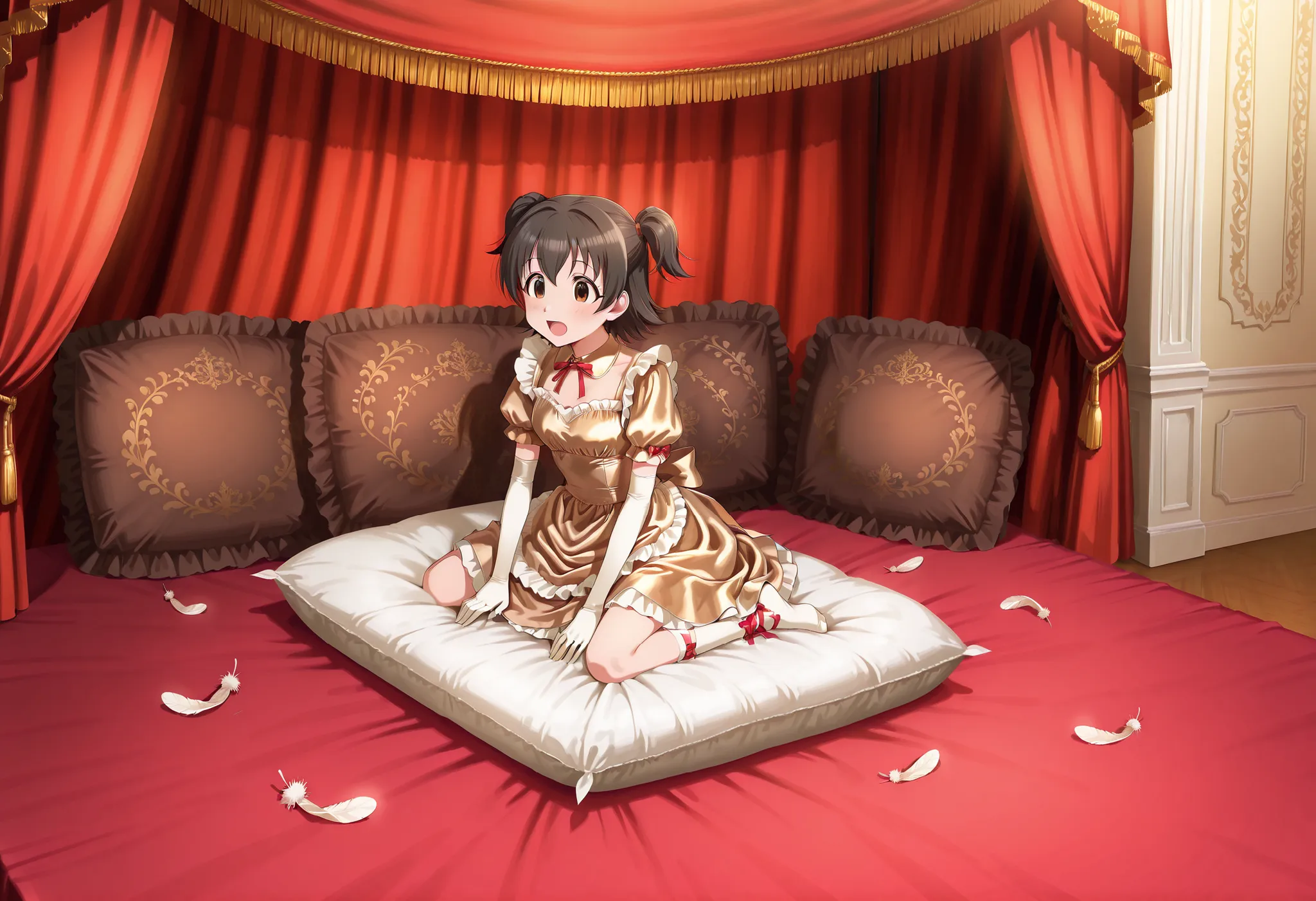 (score_9:0.9),score_8_up,score_7_up,negative_hand, realistic,Akagi_Miria_Cinderella, short hair, black hair, brown eyes, two side up, hair between eyes , lovely small breasts , alice dress, alice in wonderland dress, over elbow glove, satin, 1girl, solo, n...