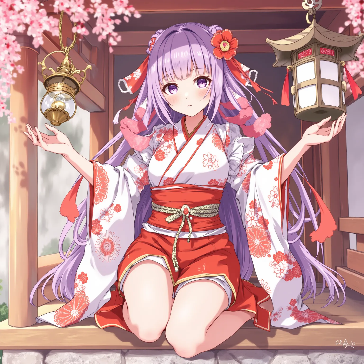 
(top quality:1.4), Hi-Res, masterpiece,, 1girl,, light purple hair, PURPLE EYES, (kemomimi), Medium-sized chest, Bear slim thighs,, hair ornament, (red|white Japanese Miko clothes), sleeves are apart,, blush,, lantern, shrine,, detailed faces with ofisu,