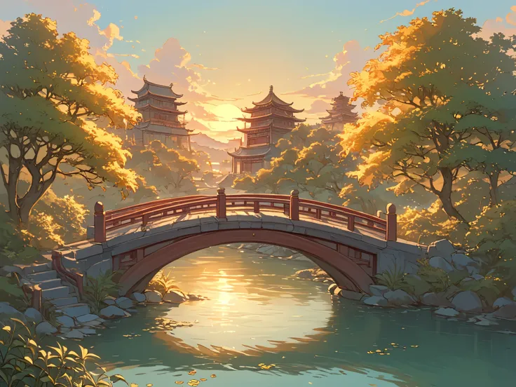 8K, RAW Photos Box, better quality, masterpiece: 1.4, Ultra-high resolution, extremely detailed, soft lighting, scenery, sky, clouds, Chinese architecture, bridge, river, trees, flowers, golden hour lighting,