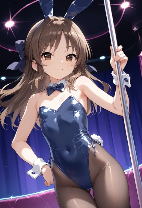 score_9, score_8_up, score_7_up, Source_anime, , long hair, brown hair, split the bangs ,hair bow , Brown Eyes, pole dancing, pole, stripper pole, holding pole, , flat chest, Smiling, Please Show Me Her Breasts, rabbit ears, leotard, wrist cuffs, Detachabl...