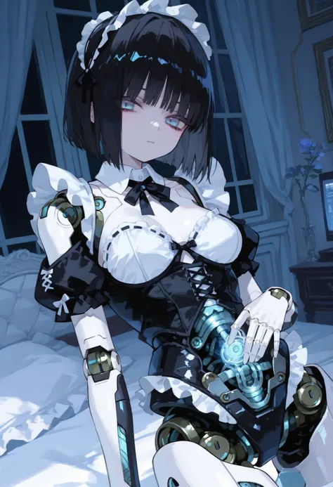 Maid。black hair bob cut。Gothic Room。Mechanical joints。light blue eyes。Light blue luminescence。machine body
