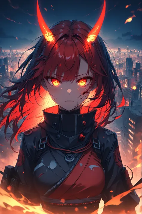 ((masterpiece)), ((RAW 4K)), ((anime-real fusion)), ((extreme detail)), ((cyberpunk samurai woman)), ((unmasked)), ((veteran warrior)), ((glowing amber eyes)), ((emotional intensity)), ((oni spirit)), ((cyberpunk demon)), ((long crimson hair)), ((rage in s...