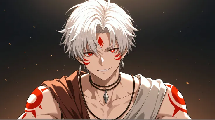 men white short hair red eyes tribal clothes happy face