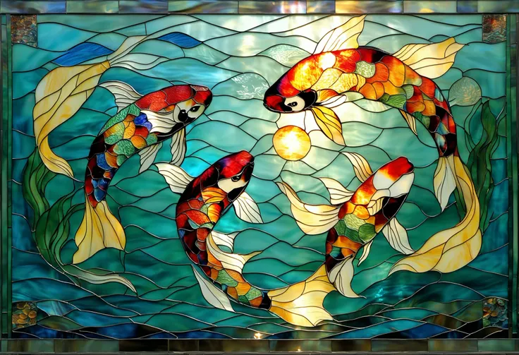 A vibrant stained glass artwork depicting a group of colorful koi fish swimming gracefully underwater. The koi are painted in dazzling shades of red, orange, white, yellow, and black, their flowing fins and patterned scales rendered in glowing stained glas...