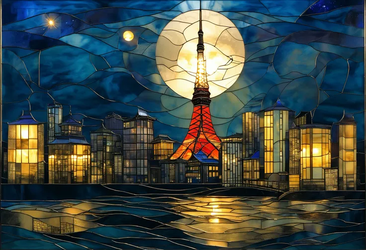 Tokyo Tower at night, depicted in luminous stained glass. It soars and shines in the middle of the vast cityscape. The tower is illuminated by bright gold-orange glass, and the intricate lattice detail reflects the light like molten metal. Around the tower...