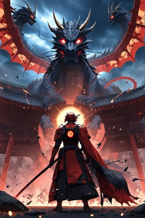 ((EXTREME QUALITY)), ((RAW Ultra 4K)), ((Masterpiece)), ((Ultra Cinematic)), ((Dark Sengoku Sci-Fi Aesthetic)), ((Iron Man Samurai)), ((Worn battle-damaged black and crimson samurai armor)), ((Ancient-Tech Fusion)), ((Glowing Arc Reactor)), ((Broken Oni Ma...
