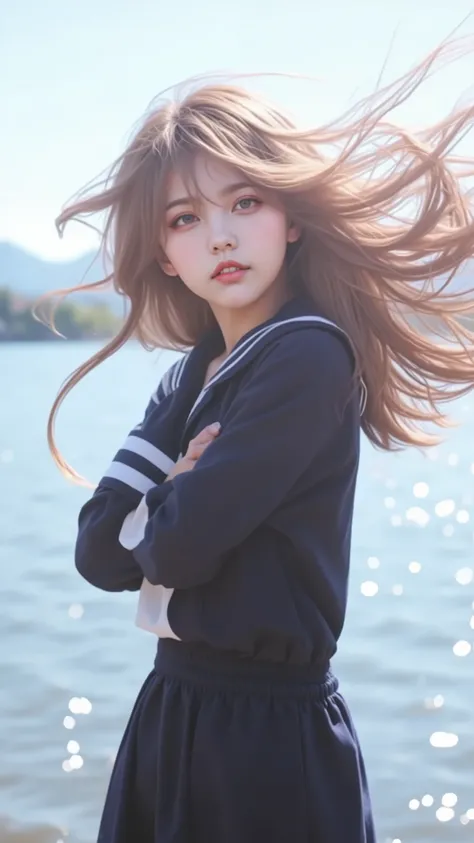 A young woman standing on a quiet lakeside and holding a position., Her long hair is dramatically scattered in the wind.. It captures the full brilliance of the sun shining on both the water and the subject's attire {x} She is wearing a navy blue sailor su...