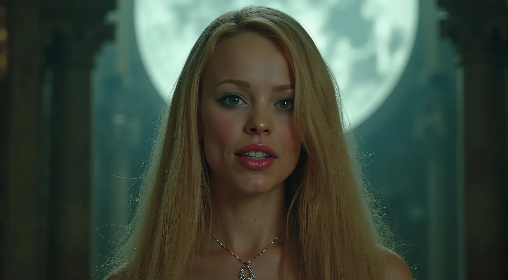 Ultra-realistic full body cinematic portrait of a beautiful woman with glowing emerald eyes, slightly elongated fangs, soft pink skin, subtle blood-red lip tint, and long wavy golden hair. Moonlight softly illuminating her face, majestic background, wearin...