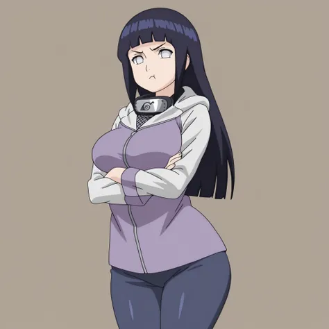 masterpiece, best quality, amazing quality, very aesthetic, absurdres, high res, shiny skin, 1girl, solo, Hinata Hyuga, long blue hair, blunt bangs, hime cut, byakugan, white eyes, no pupils, big breasts, narrow waist, wide hips, thighs, purple and white h...