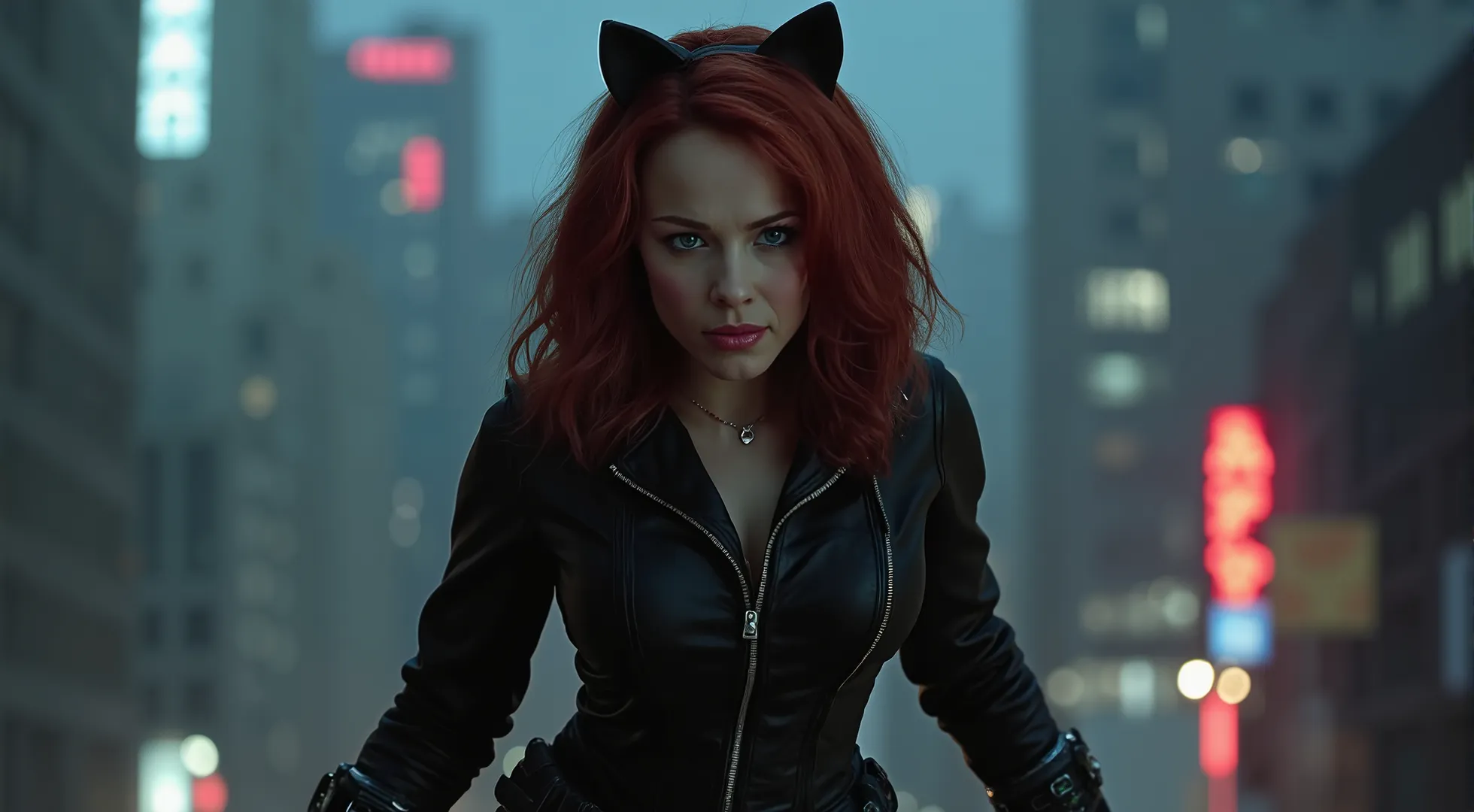 Create a realistic and epic image of a fusion between Black Widow and Catwoman. The character should have:

Face: Combine Black Widow's intense and cunning expression with Catwoman's enigmatic and seductive demeanor, (((creating a face that exudes confiden...