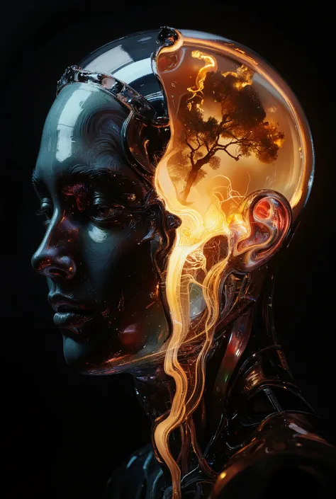 delirium style. The image is a digital work of art, rendered in hyperrealistic CGI style, with a shiny, almost robotic human head. the central figure is stylized, with an orange-yellow aura visible,  dark, an image of a tree that shines like a flame, sophi...