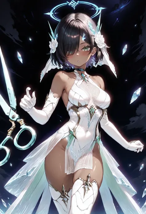 1 girl, , black hair, black hair,short hair, short hair, bangs cover the forehead, hair over one eye, hair covers one eye, hair cover one eye, big green eyes, purple makeup ar eyes, little blushing, little blushing, black choker, medium breast, medium brea...