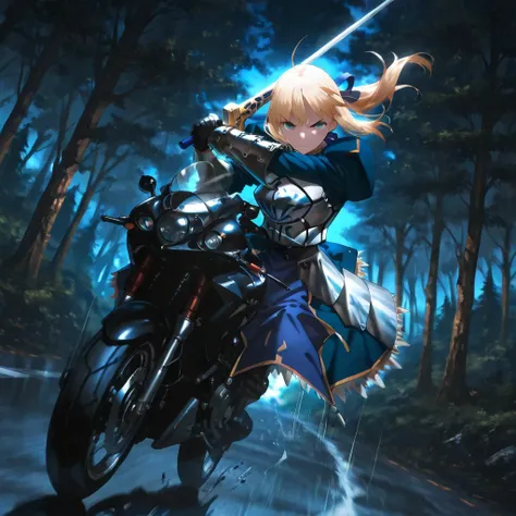 master piece, best quality, ultra detailed, ultra hires, 8k, road, night, from below, (looking at viewer:1.2), solo, in the air, artoria pendragon, artoria pendragon (fate), saber, long hair, blonde hair, green eyes, ponytail, ahoge, medium breasts,gloves, necktie, black gloves, pants, formal, suit, pant suit, motorcycle, cornering, usnr