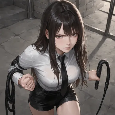 masterpieces, best quality, Ultra high definition, semi-realistic, realistic hair, soft details, realistic eyes, girl(man에게 맞는 girl, painful expression)///man(girl를 때리는 man, whip, fist), prison, Cowboy shot